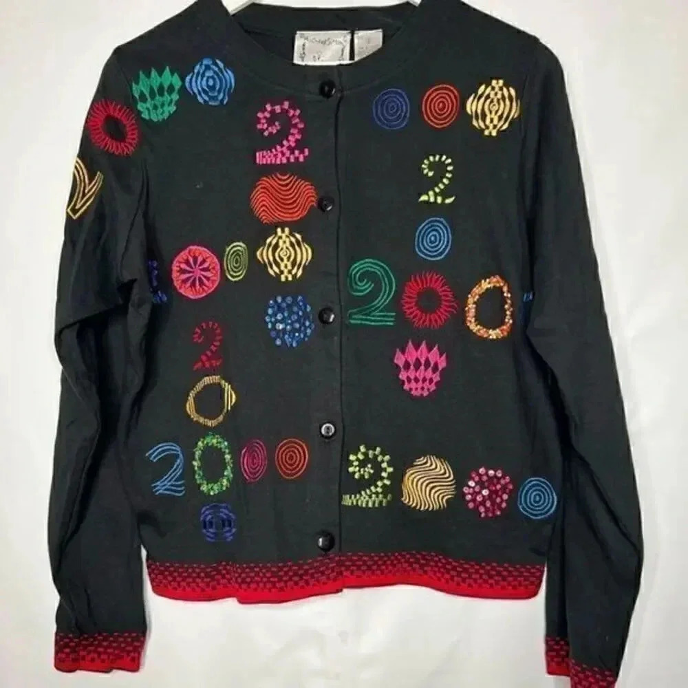 Michael Simon vintage 2000 New Years embroidered cardigan size small